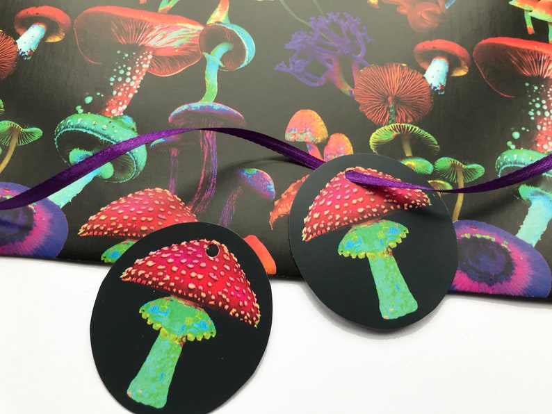 Puede incluir: Papel de regalo y etiquetas de regalo negros con un dise&ntilde;o de setas colorido. El papel de regalo presenta una variedad de setas en rojo, verde, morado y naranja. Las etiquetas de regalo son redondas con un dise&ntilde;o de seta roja y blanca y una cinta morada.