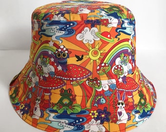 Psychedelic Bucket Hat, 70's Hat, Rainbow Hat, Fisherman Hat, Adults Hat.