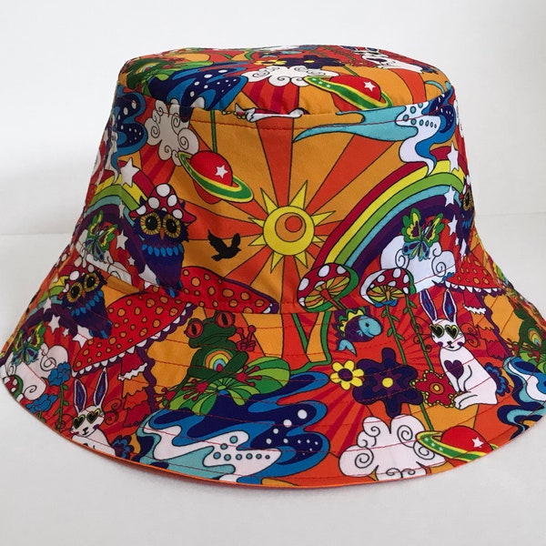 Children's Bucket Hat, Cartoon Bucket Hat, Rainbow Kids Sun Hat, Retro Kids Clothes, Groovy Toddler Hat.