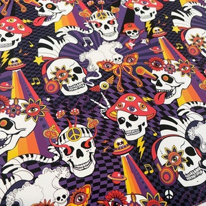 May include: A psychedelic pattern featuring colorful skulls with multiple eyes, flowers, and mushrooms. The background is a checkered pattern in black and purple.