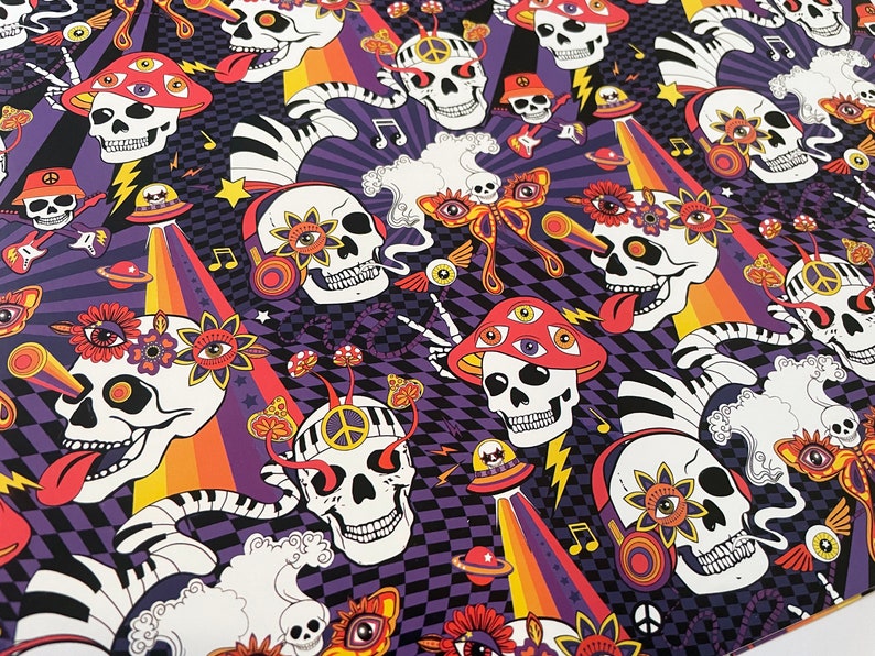 May include: A psychedelic pattern featuring colorful skulls with multiple eyes, flowers, and mushrooms. The background is a checkered pattern in black and purple.
