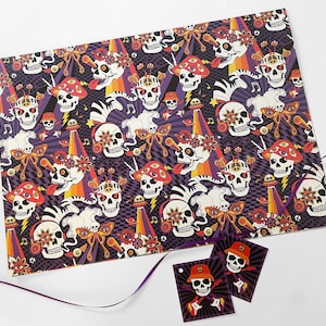 May include: Purple and white wrapping paper with a psychedelic pattern of skulls, flowers, and musical notes. The skulls have multiple eyes and are wearing headphones.