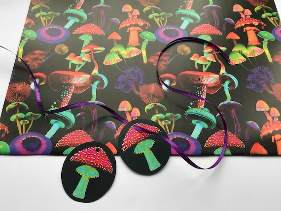 Mushroom Gift Wrap, Neon Wrapping Paper, Funky Fungi, Mushroom Gift, Shroom Art, Groovy Paper, Scrapbooking, Paper with Gift tags and Ribbon