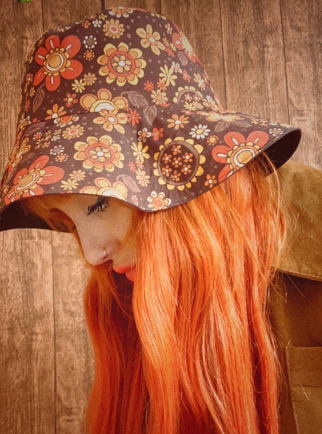 Retro Sun Hat, Wide Brim Hat, 70's Floral, Hat, 60s Fabric