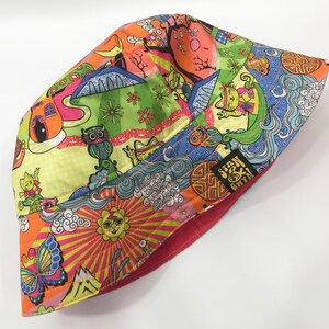 Psychedelic Bucket Hat, Trippy Art Print, Festival Bucket Hat, Oriental Sun Hat, Maneki-neko Cat. image 4