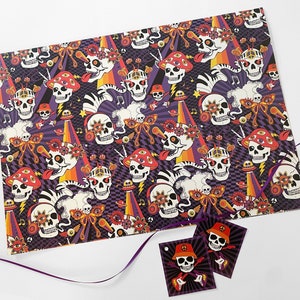 May include: Purple and white wrapping paper with a psychedelic pattern of skulls, flowers, and musical notes. The skulls have multiple eyes and are wearing headphones.
