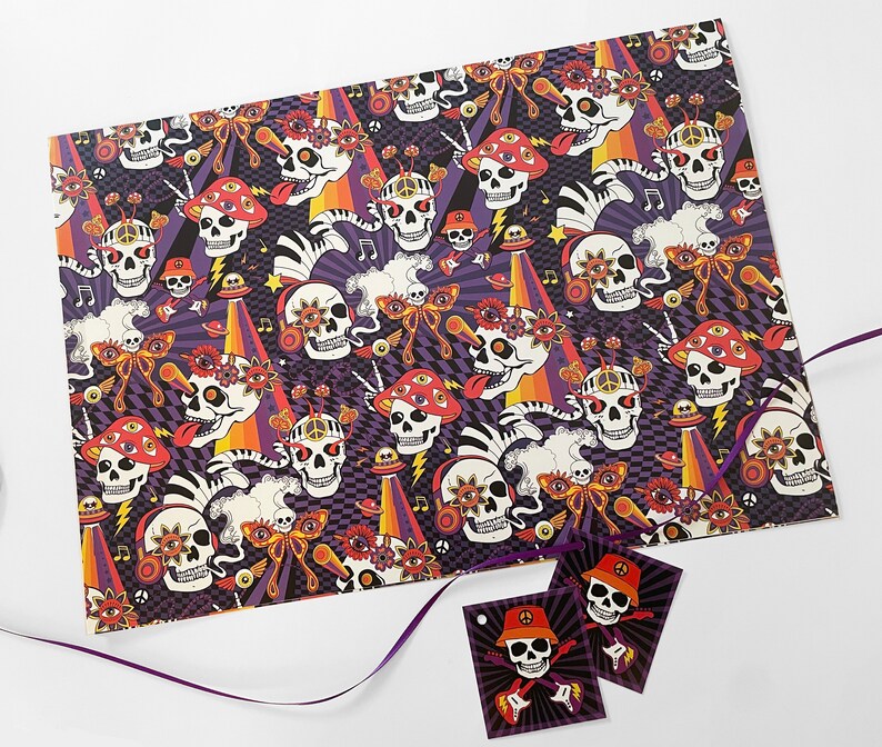 May include: Purple and white wrapping paper with a psychedelic pattern of skulls, flowers, and musical notes. The skulls have multiple eyes and are wearing headphones.