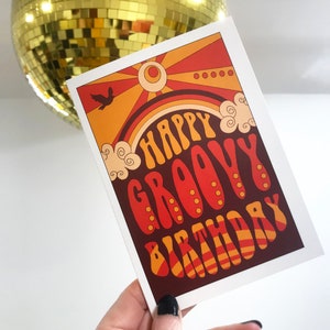 Cartão de feliz aniversário, arte retrô, cartão comemorativo descolado, cartões vintage, impressão de arte gráfica de meados do século.