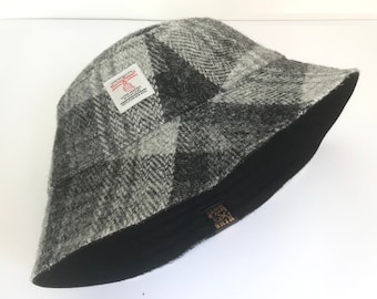 Grey Tartan Hat, Harris Tweed Hat, Gray Wool Hat, Winter Bucket Hat.