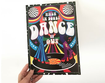 Discotryck, 70-talskonst, musikaffisch, retro slogantryck.