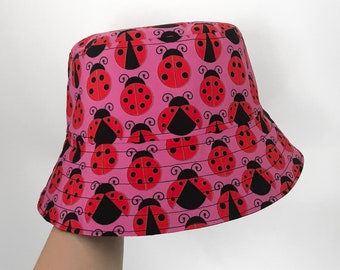 Children’s Ladybug Hat, Ladybird Bucket Hat, Kids Bucket Hat, Pink Girls Hat, Bug Print.