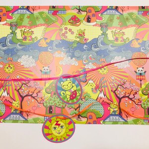 May include: A colorful wrapping paper with a whimsical design featuring cats, mushrooms, and flowers. The paper has a pink, orange, and green color scheme and is perfect for wrapping gifts.