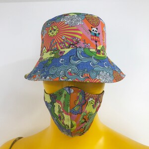 Psychedelic Bucket Hat, Trippy Art Print, Festival Bucket Hat, Oriental Sun Hat, Maneki-neko Cat. image 2