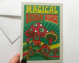 Mushroom Birthday Card, Retro Toadstool Art, Magical Wishes