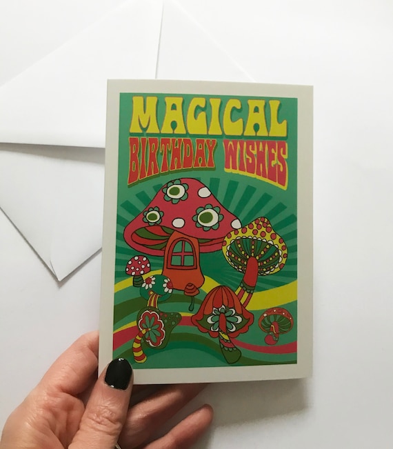 Mushroom Birthday Card, Retro Toadstool Art, Magical Wishes