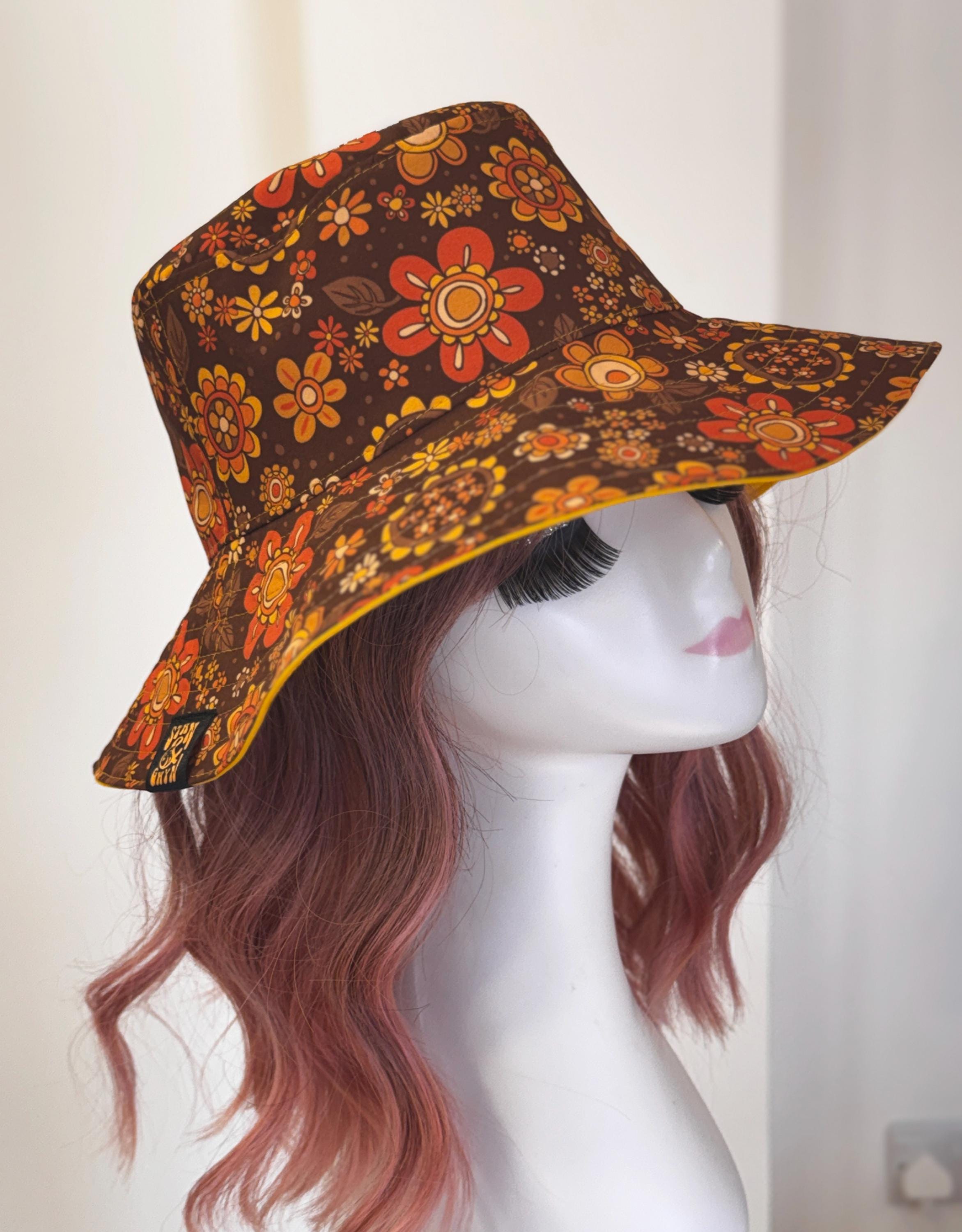 帽子 70'S Vintage Love&Flower pattern hat Retro Sun Hat, Wide Brim Hat, 70's Floral, Hat, 60s Fabric