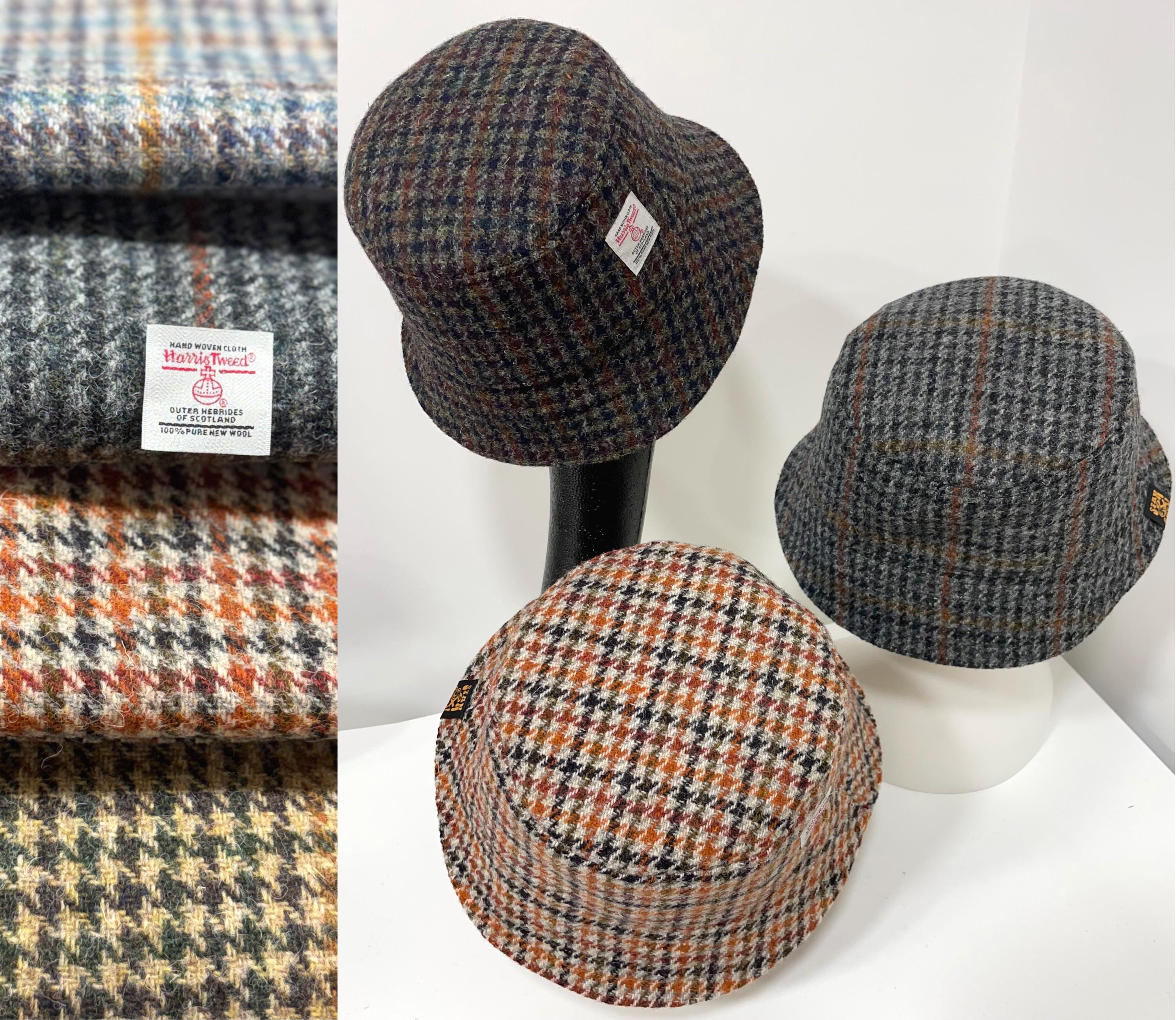 Houndstooth Harris Tweed Bucket Hat, Dogtooth Wool Hat, Handmade