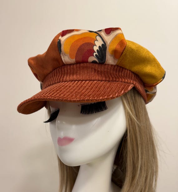 Retro Print Baker Boy Hat: Handmade Velvet Cabbie Cap - Etsy