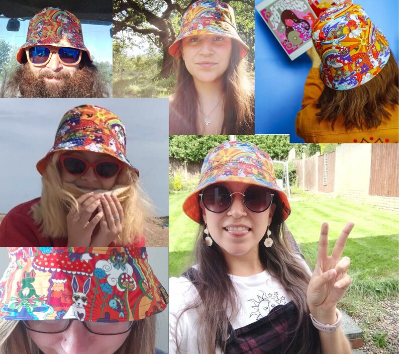 May include: A group of people wearing colorful bucket hats with a psychedelic pattern. The hats feature a variety of colors, including orange, yellow, blue, and green. The hats are made of a soft, comfortable fabric and have a wide brim.