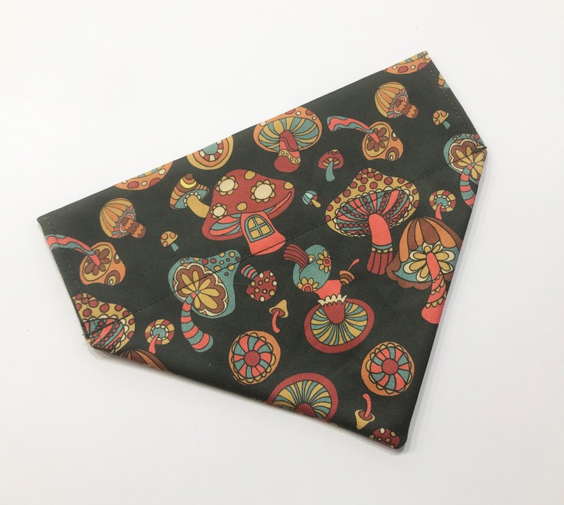 May include: A dark green bandana with a colorful mushroom pattern. The mushrooms are in various shades of red, orange, yellow, and green.