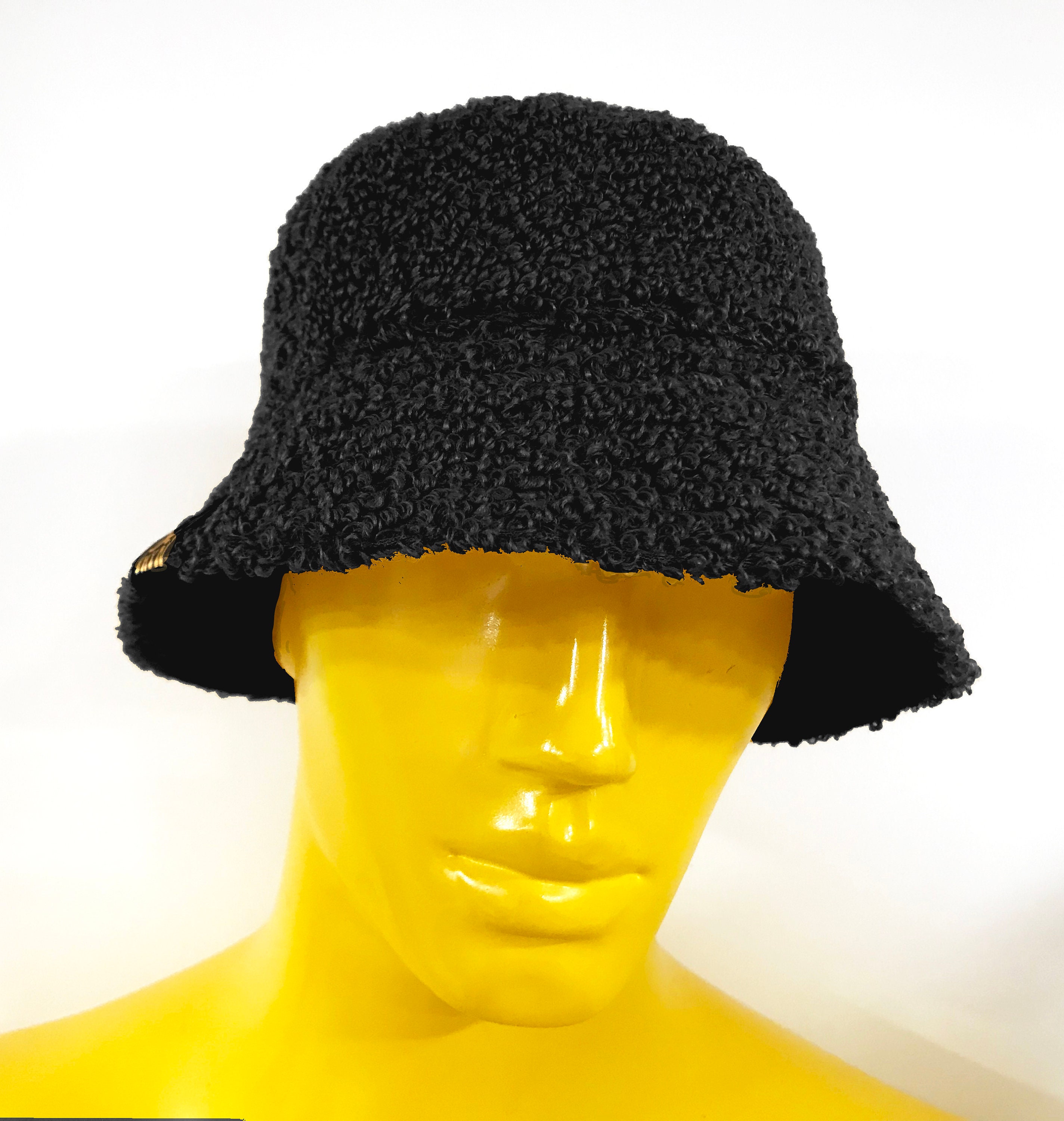 Fuzzy black bucket hat on sale