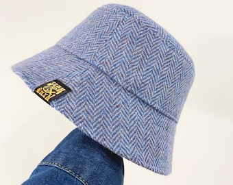 Chapeau bleu pour hommes, chapeau d’hiver pour femmes, chapeau seau Harris Tweed.