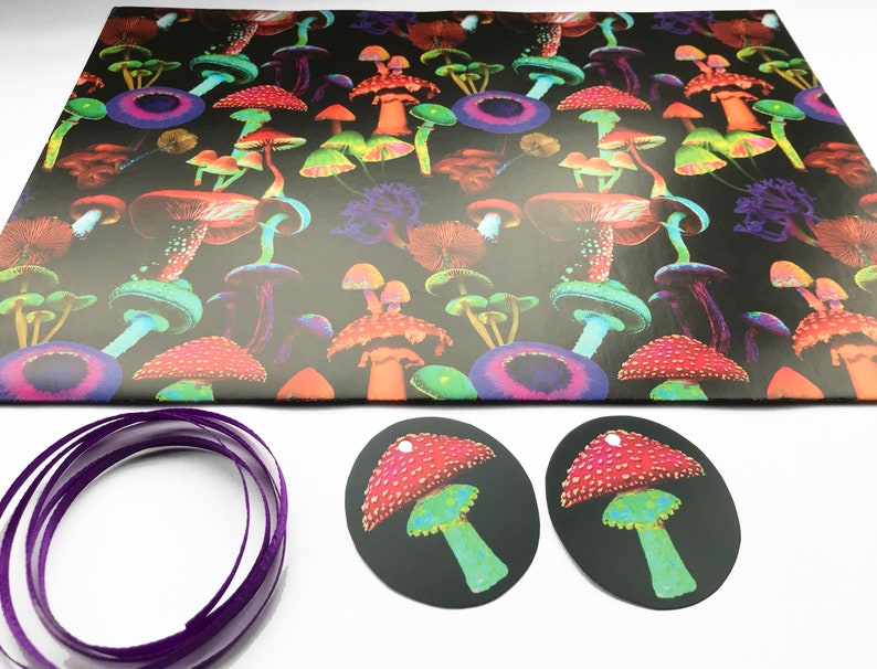 Puede incluir: Papel de regalo negro con un patr&oacute;n de setas colorido. Tambi&eacute;n se ven dos etiquetas de regalo ovaladas negras con un dise&ntilde;o de seta roja y una cinta morada.
