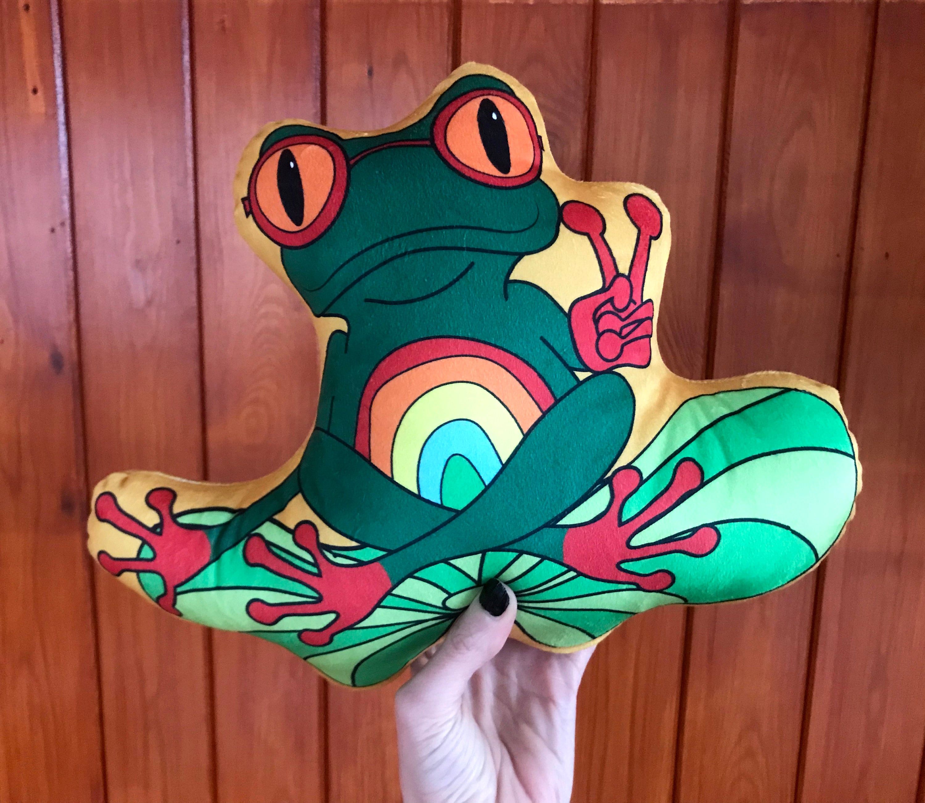 ヒッピー フロッグ クッション、ピース フロッグ ぬいぐるみ、ヒッピー