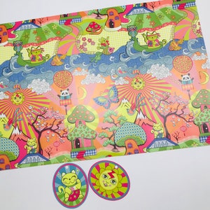 May include: Colorful wrapping paper with a whimsical design featuring cats, butterflies, flowers, and mushrooms. The paper has a bright, psychedelic aesthetic.