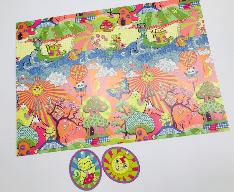 May include: Colorful wrapping paper with a whimsical design featuring cats, butterflies, flowers, and mushrooms. The paper has a bright, psychedelic aesthetic.