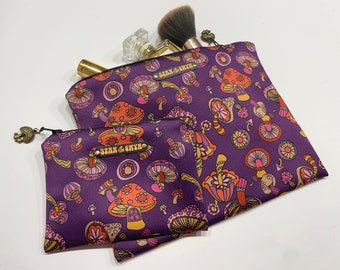 Mushroom Makeup Bag, Purple Coin Purse, Retro Zipper Pouch, Toadstool cosmetics Bag.
