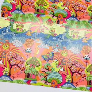 May include: Colorful wrapping paper with a whimsical design featuring mushrooms, mountains, flowers, and animals. The paper has a bright orange, pink, and green color scheme.