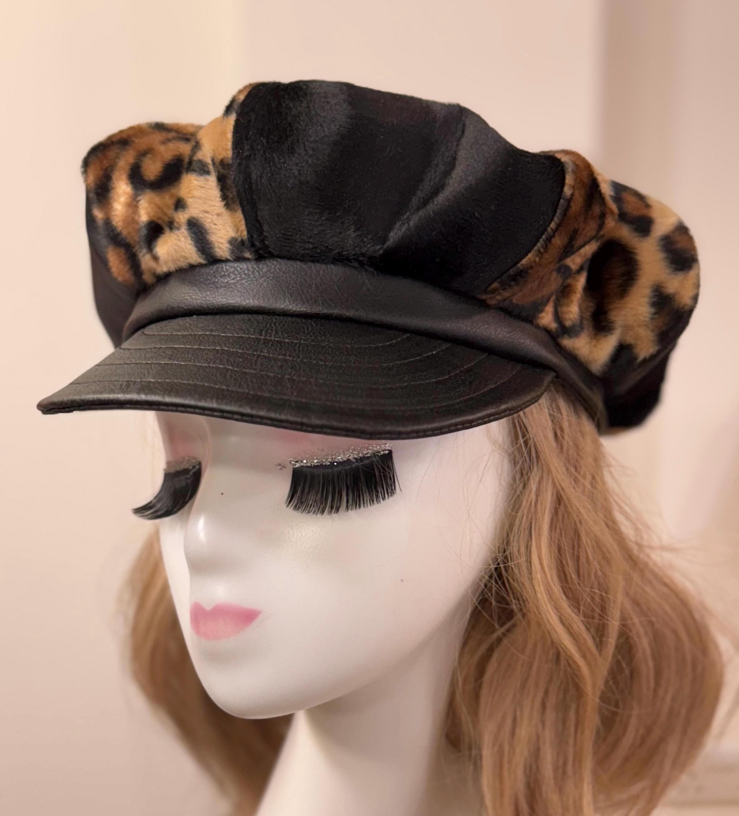 Leopard Print Bakerboy Hat, Faux Fur, Animal Print Cap, Handmade