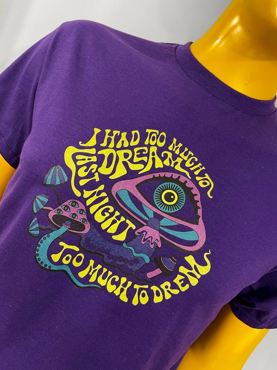 メンズパープルTシャツ：サイケデリックマッシュルーム柄、綿100