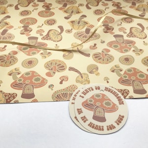 Mushroom Gift Wrap, Hippie Wrapping Paper, Gift Tags and Ribbon included.