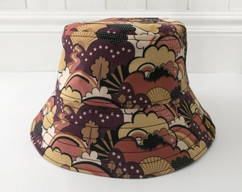 Handmade Bucket Hat, 70's Print Hat, Brown Fishing Hat, Small Hat, XL Hat.