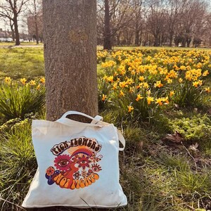 Retro tygväska, 60-tals blommönster, Flower Power-väska, 100 % bomullscanvasväska, miljövänlig. bild 3