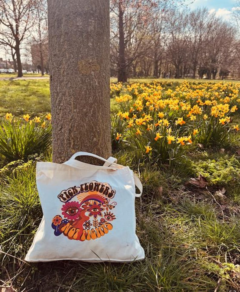 Retro tygväska, 60-tals blommönster, Flower Power-väska, 100 % bomullscanvasväska, miljövänlig. bild 3