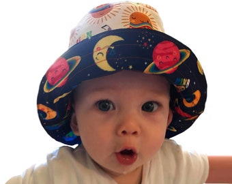 Sun and Moon Bucket, Hat, Reversible Sun Hat, Kids Fashion Accessories, Unisex Baby Gifts, Cosmic Print Hat, Fun Kids Clothes, Space Hat.