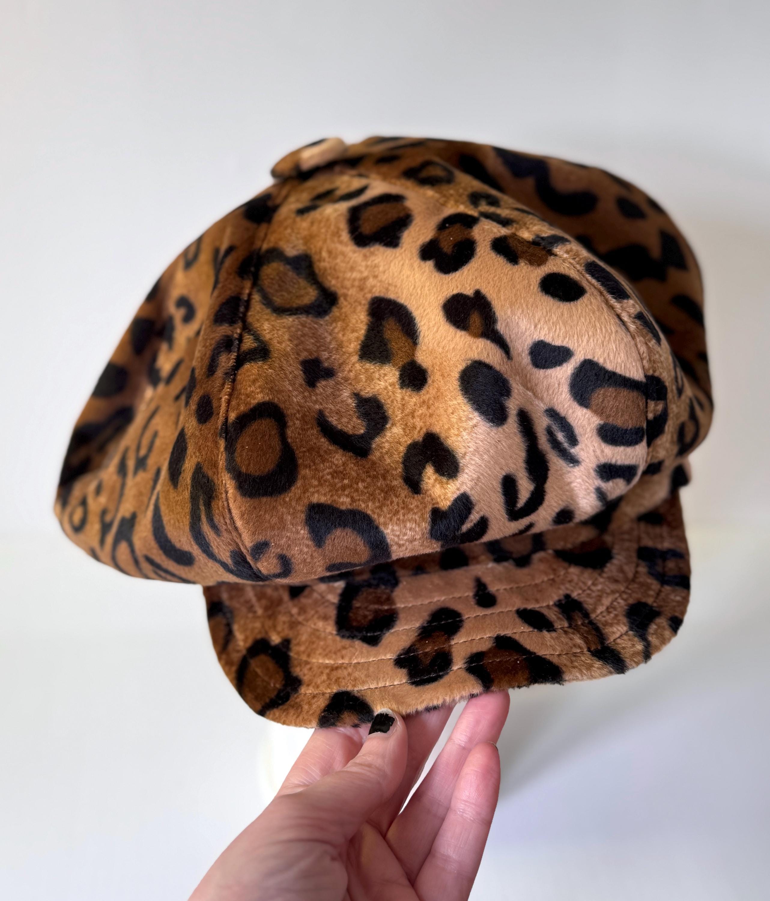Oversized Leopard Fur Baker Boy Cap, Animal Print Newsboy Hat