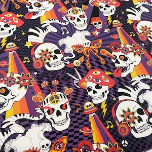 May include: A psychedelic pattern featuring colorful skulls with multiple eyes, flowers, and mushrooms. The background is a checkered pattern in black and purple.