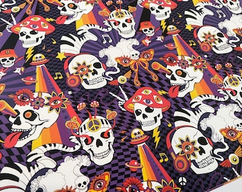 May include: A psychedelic pattern featuring colourful skulls with multiple eyes, flowers, and mushrooms. The background is a checkered pattern in black and purple.