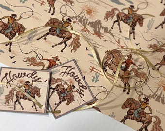 Vintage cowboy-inpakpapier: westernpaard print, labels en lint