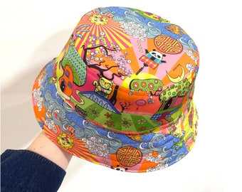 Psychedelic Bucket Hat, Trippy Art Print, Festival Bucket Hat, Oriental Sun Hat, Maneki-neko Cat.