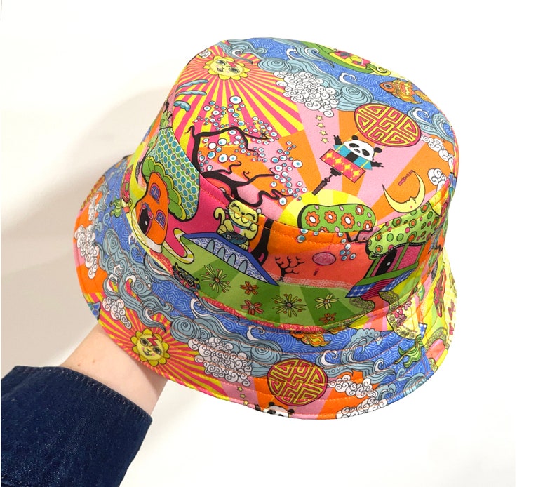 Psychedelic Bucket Hat, Trippy Art Print, Festival Bucket Hat, Oriental Sun Hat, Maneki-neko Cat. image 1