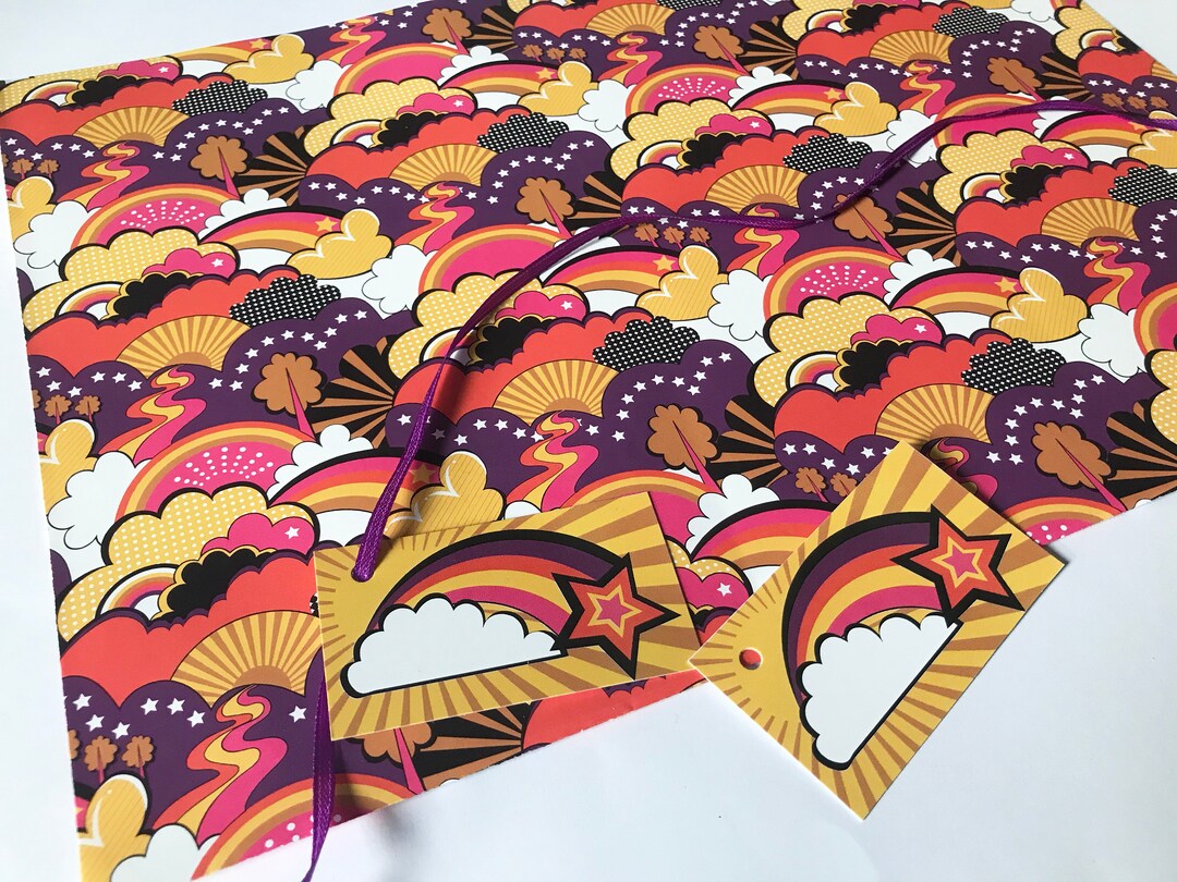 Psychedelic Rainbow Wrapping Paper, 70s Groovy Gift Wrap, Tags and ...