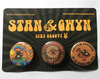 Groovy Pin Badges, Mushroom Badge, Psychedelic Retro Badges.