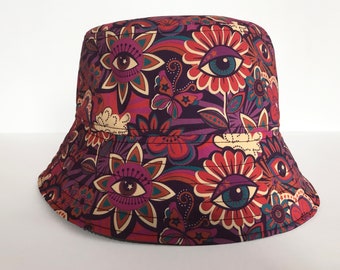Psychedelic Bucket Hat, Flower Eye Print, Third Eye Art, Hippy Fisherman Hats, Rad Bob Hat.