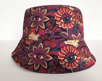 Reversible Psychedelic Bucket Hat, Flower Eye Print, Hippie Style.
