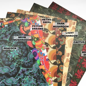 K&ouml;nnte beinhalten: Zehn verschiedene Musterpapiere, jedes mit einem einzigartigen Design. Die Muster umfassen einen Pfau, Neonpilze, Psyche-Tr&auml;ume, Retro-Wirbel, dunkle Pilze, helle Pilze, Kaktus und einen walisischen roten Drachen.